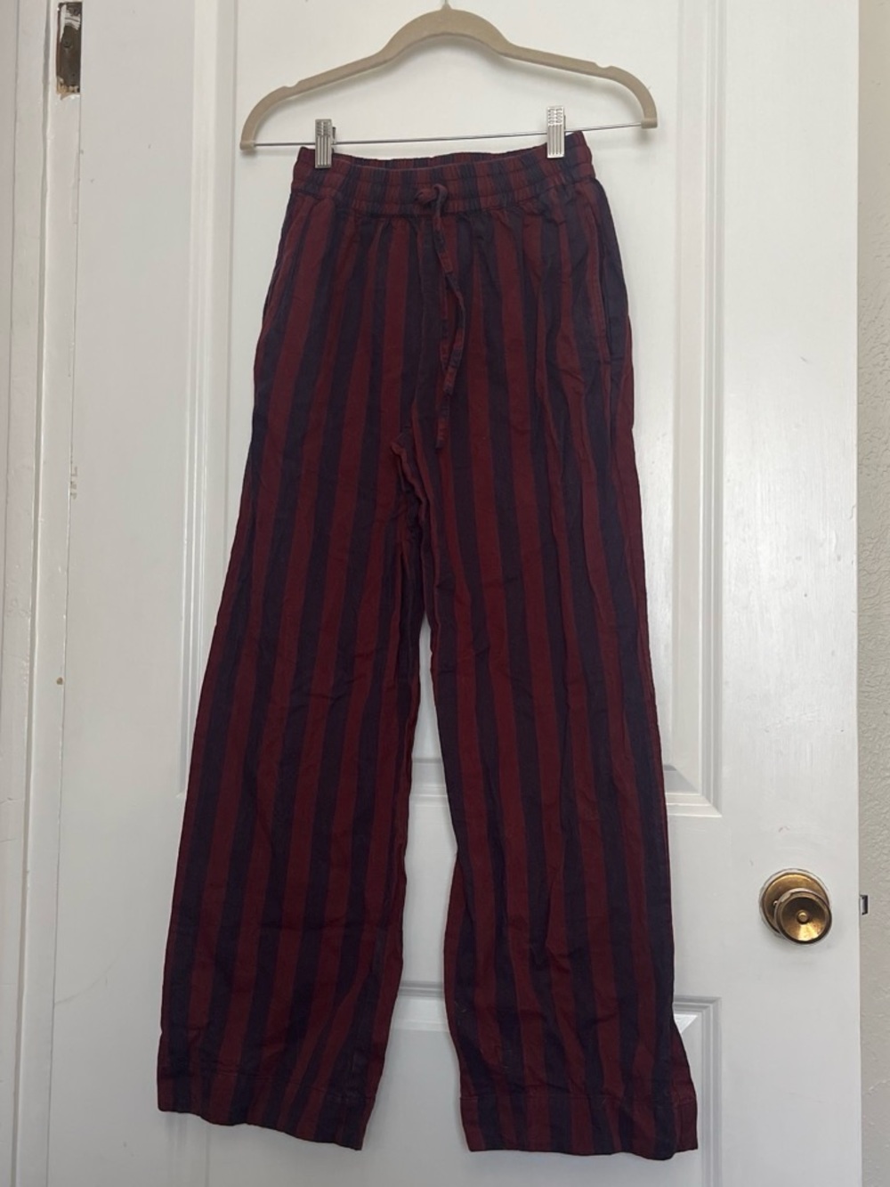 Damson Madder Striped Wide-Leg Trousers in Burgundy & Navy